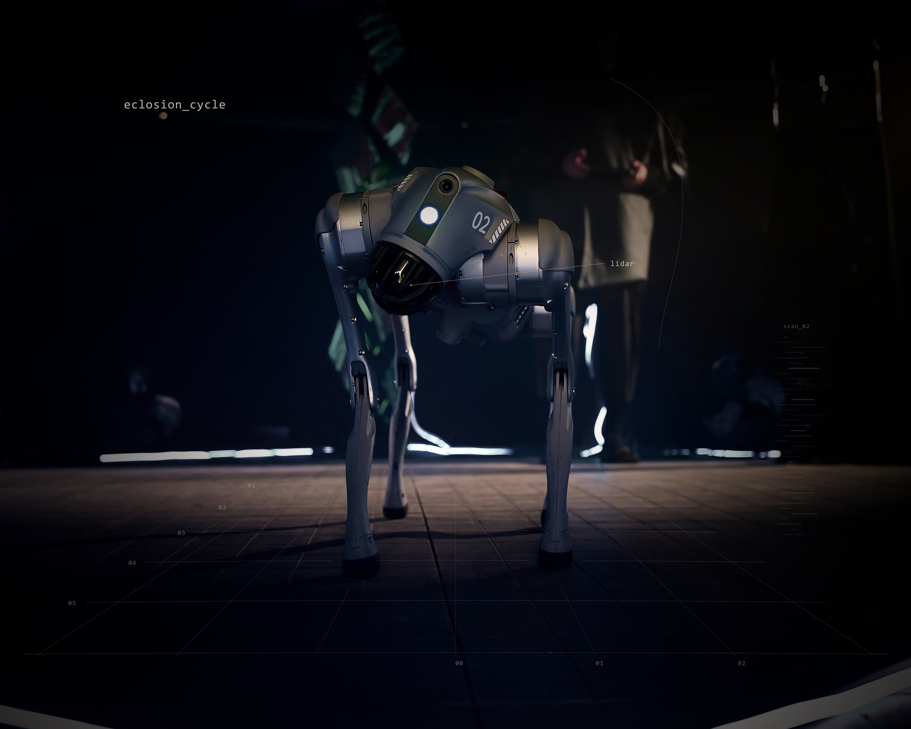Oxi stands in a pool of light, with a performer behind. A fine floor grid and lidar label trace the robot's surroundings.