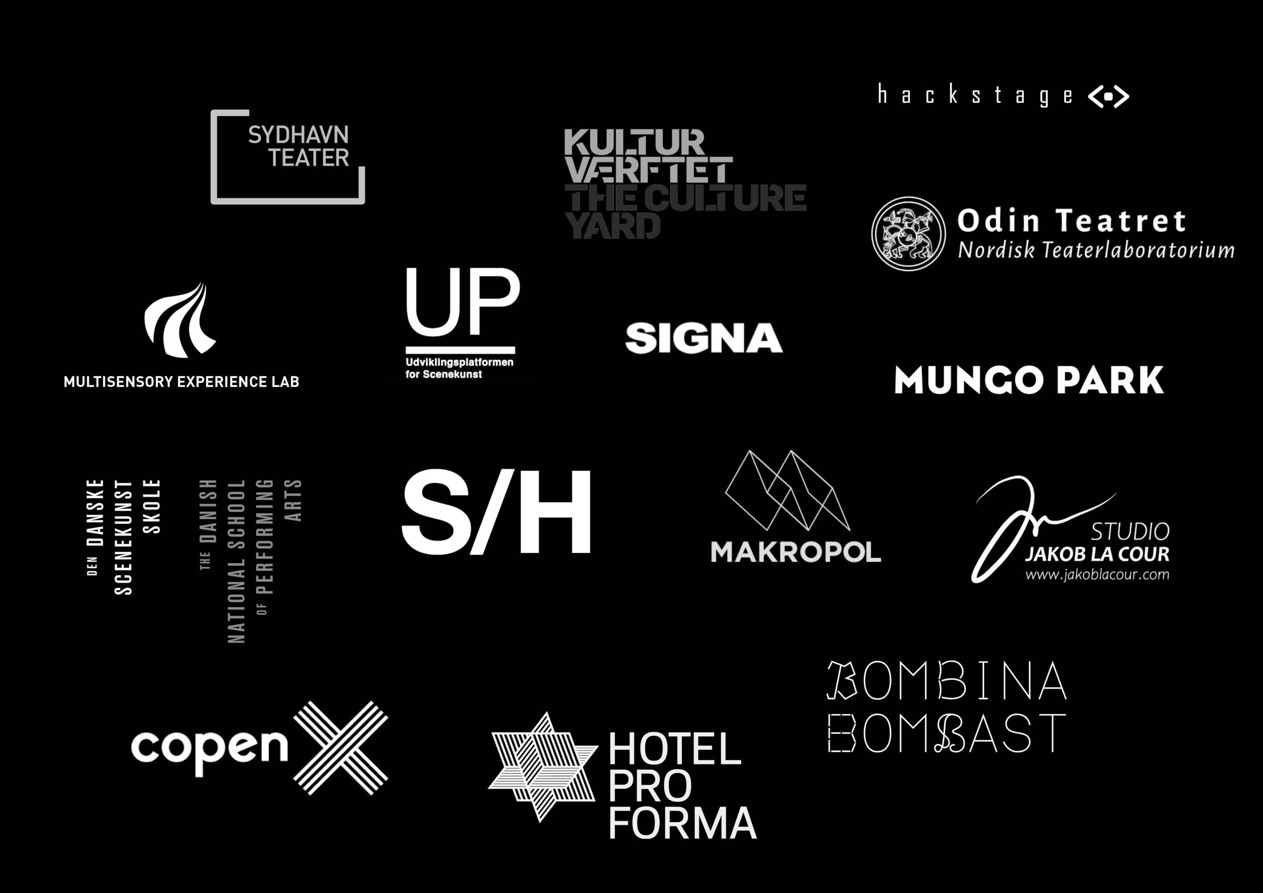 Original XR BLACK BOX partner logos: Sydhavn Teater; Kulturværftet / The Culture Yard; Hackstage; Odin Teatret / Nordisk Teaterlaboratorium; Multisensory Experience Lab; Udviklingsplatformen for Scenekunst; SIGNA; Mungo Park; Den Danske Scenekunstskole / The Danish National School of Performing Arts; Sort/Hvid; Makropol; Jakob la Cour Studio; CopenX; Hotel Pro Forma; Bombina Bombast.